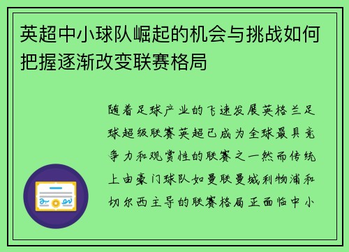 英超中小球队崛起的机会与挑战如何把握逐渐改变联赛格局 英超中小球队崛起的机会与挑战如何把握逐渐改变联赛格局